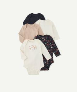 Lot de 5 bodies bébé en coton bio bleu et beige - 1 M