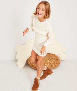 Robe pull en maille écrue aux fleurs brodées fille - 6 A
