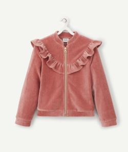 Veste zippé et volanté en velours vieux rose fille - 12 A