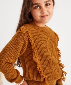 Pull en maille ocre avec détails tricot fille - 10 A