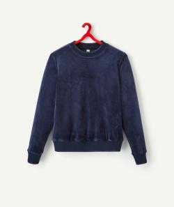 Sweat fille en velours et fibres recyclées bleu marine - S