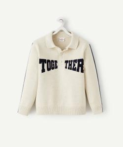 Polo garçon en coton écru avec bande bleu marine et message - 2 A