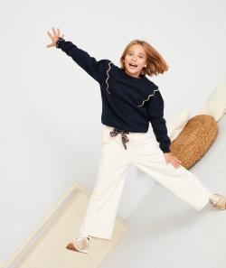 Pantalon en molleton écru fille court et large et ceinture fleurie - 7 A