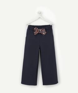 Pantalon molleton fille court et large marine et ceinture fleurie - 8 A
