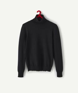 Pull garçon en maille fine noir uni avec col roulé - XXS