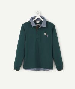 Polo garçon en coton vert foncé avec badges et détails en jean - 2 A