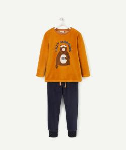 Pyjama ours et message garçon en velours ocre et marine - 5 A