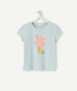 T-shirt fille en coton reyclé vert d'eau avec cornet de fleurs - 14 A