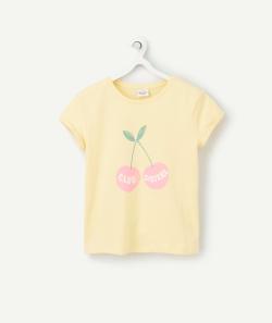 T-shirt fille en fibres recyclées jaune avec cerise et message - 12 A