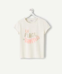 T-shirt fille en fibres recyclées écru avec message pailleté - 2 A