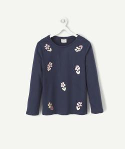 T-shirt fille en fibres recyclées bleu avec fleurs à sequins - 12 A