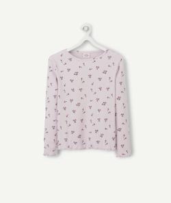 T-shirt côtelé fille en fibres recyclées lila aux motifs fleurs - 12 A