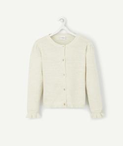 Gilet fille en maille pointelle écru et couleur dorée avec volants aux poignets - 10 A