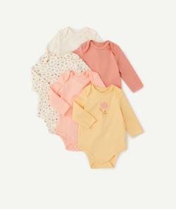 Lot de 5 bodies bébé fille en coton bio unis et imprimés rose et orangé - 1 M