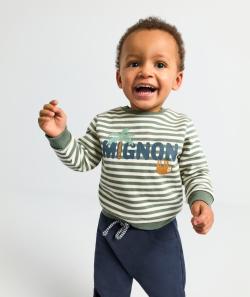 Sweat bébé garçon rayé vert et blanc en fibres recyclées - 1 M
