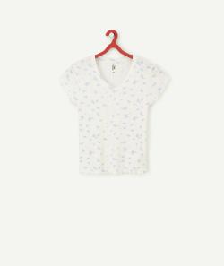 T-shirt en maille ajourée fille en fibres recyclées blanc imprimé fleuri - M