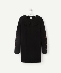 Robe fille noire en maille avec col et fleurs brodées - 4 A