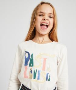 T-shirt fille en fibres recyclées écru avec message pasta et sequins - 4 A