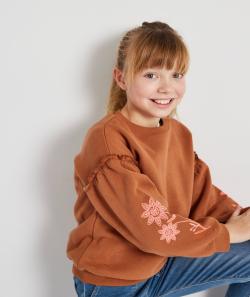 Sweat marron en fibres recyclées avec broderies fille - 4 A
