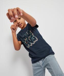 T-shirt garçon en coton bio bleu marine avec message floqué - 6 A