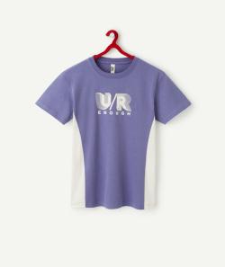 T-shirt garçon en fibres recyclées violet avec bandes blanches - XXS