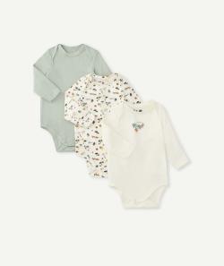Lot de 3 bodies en coton biologique blanc et vert imprimé singes - 1 M