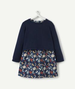 Robe bi-matière bébé fille bleu marine et imprimée - 36 M