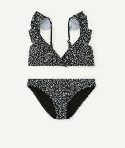 Maillot de bain fleuri noir et blanc en fibres recyclées fille - M
