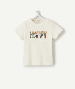 T-shirt bébé garçon écru en fibres recyclées avec message happy - 3 M