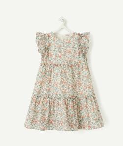 Robe longue écrue à volants fille imprimé fleuri et liserés couleur dorée - 2 A