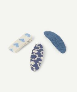Lot de 3 barrettes fille en coton bleu et ecru - TU