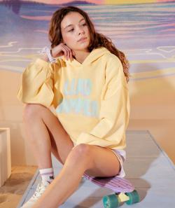 Sweat à capuche oversize fille en fibres recyclées jaune avec message - XS