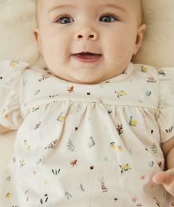 Robe bébé en coton biologique écrue et imprimée fleurie - 3 M