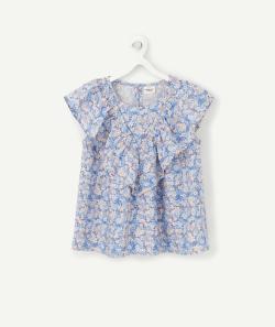 Blouse fille bleue imprimée fleurie avec fils couleur dorée et volants - 3 A