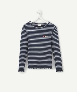 T-shirt à côtes et rayé bleu marine en coton biologique fille - 5 A