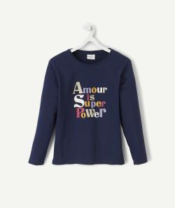 T-shirt bleu marine en coton bio avec message amour fille - 6 A