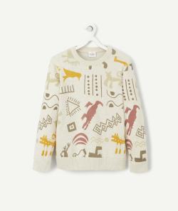 Pull garçon en coton écru avec motifs imprimés - 14 A
