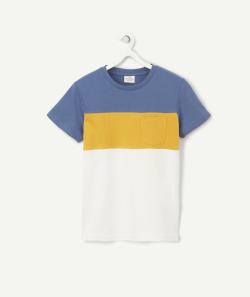 T-shirt garçon en coton biologique tricolore bleu jaune et blanc - 14 A