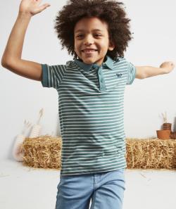 Polo garçon en coton rayé vert et blanc - 10 A