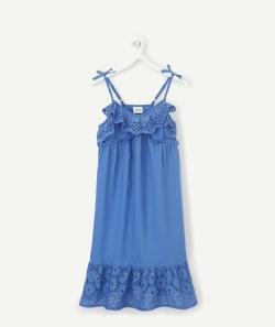 Robe mi-longue fille bleue avec volants et broderie anglaise - 8 A