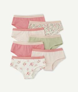 Lot de 7 shorties rose et vert à imprimé fleuri et rayé en coton bio fille - 12 A