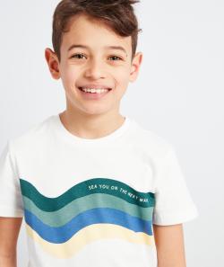 T-shirt garçon en fibres recyclées blanc avec bandes colorées - 8 A