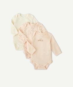 Lot de 3 bodies roses imprimé et unis en coton bio bébé fille - 36 M
