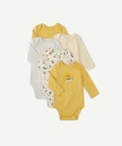 Lot de 5 bodies bébé en coton bio jaune rayé et à message - 12 M