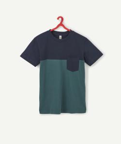 T-shirt garçon en fibres recyclées bleu marine et vert avec poche - S