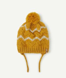 Bonnet moutarde en fibres recyclées avec pompon bébé fille - 12-23M