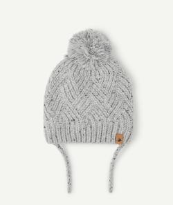 Bonnet en maille tressée gris clair avec pompon bébé garçon - 3-9 M