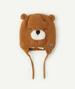 Bonnet en maille camel avec ourson polaire bébé garçon - 3-9 M