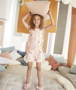 Pyjama combishort fille rose pâle volanté imprimé oiseaux - 2 A
