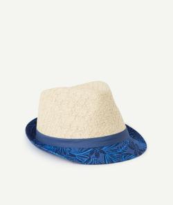 Chapeau de paille garçon avec tissu bleu marine imprimé - 52